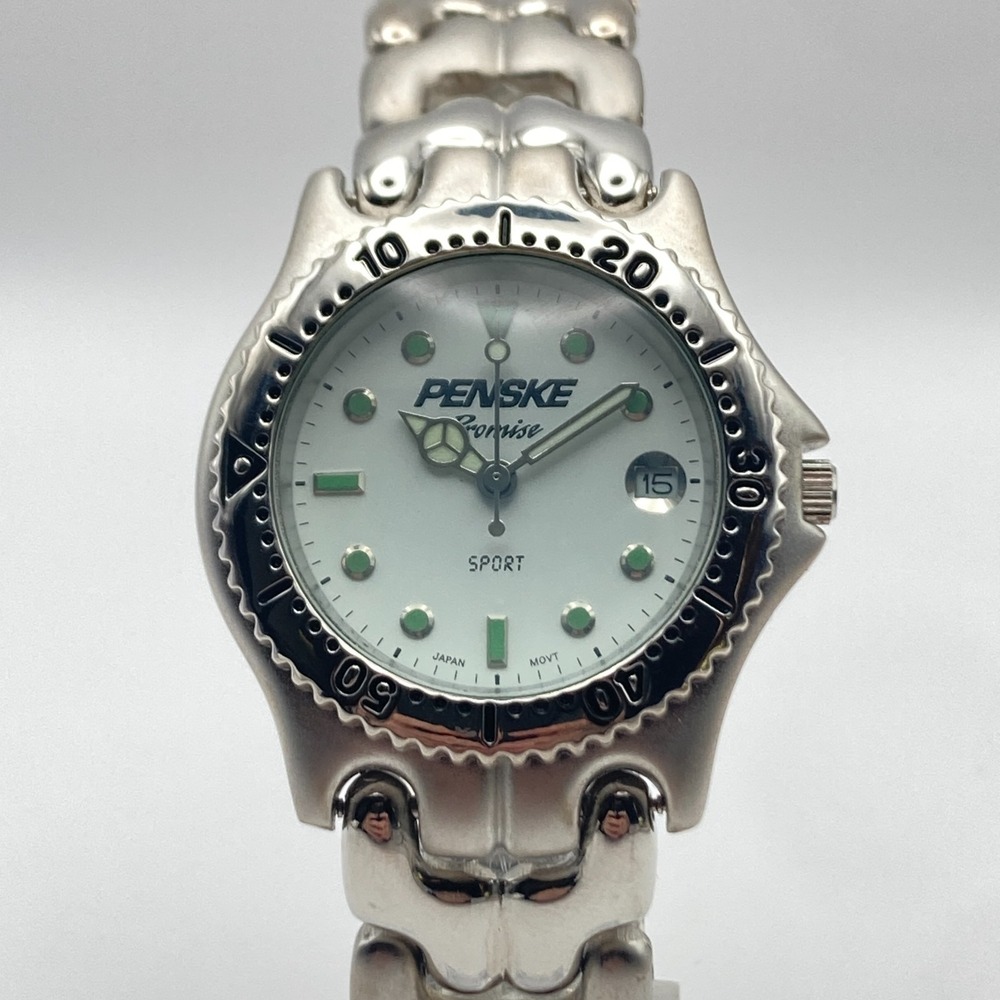 Penske Men's Diver Watch 36mm Silver Tone Matte Rotating Bezel New Battery 8.25"